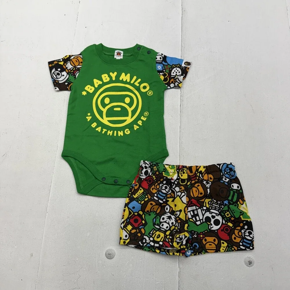 A Bathing Ape Baby Milo Outfit Set Baby Boys 6-9M Bodysuit Shorts Green 2 Piece